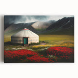 Black and white photograph of Mongolian landscape on stretched canvas, ideal for kitchen wall art.