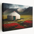 Large stretched canvas depicting a serene Mongolian landscape in muted earth tones, ideal for kitchen wall art.