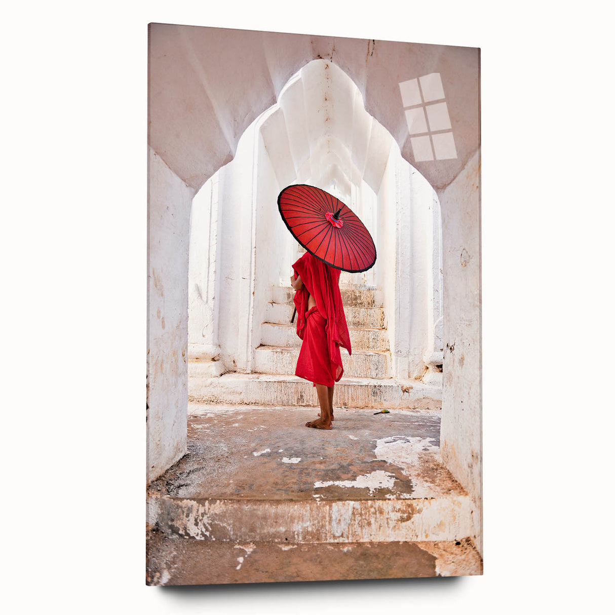 Large abstract wall art depicting a serene Myanmar landscape in muted earth tones, printed on acrylic glass.