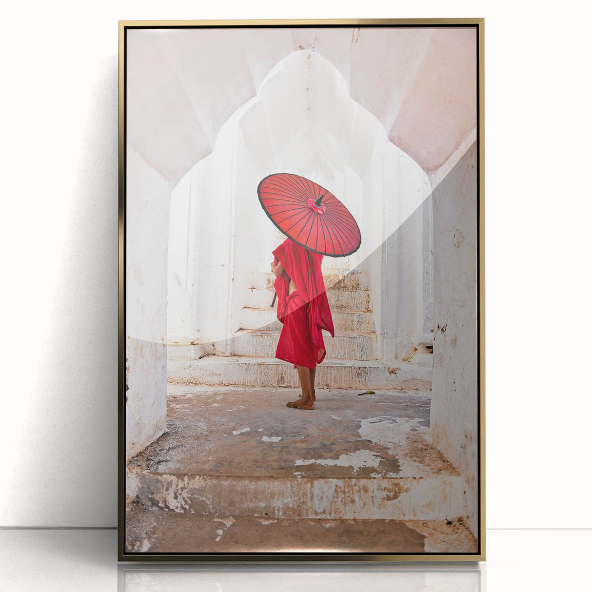 Acrylic print of a Myanmar landscape in muted gold tones, framed, ideal for modern art wall decor.