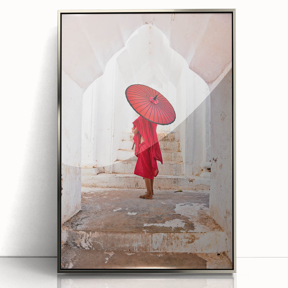 Mid-century modernist art of a Myanmar landscape in muted earth tones on a framed acrylic, ideal for modern art wall decor.