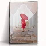 Mid-century modernist art of a Myanmar landscape in muted earth tones on a framed acrylic, ideal for modern art wall decor.