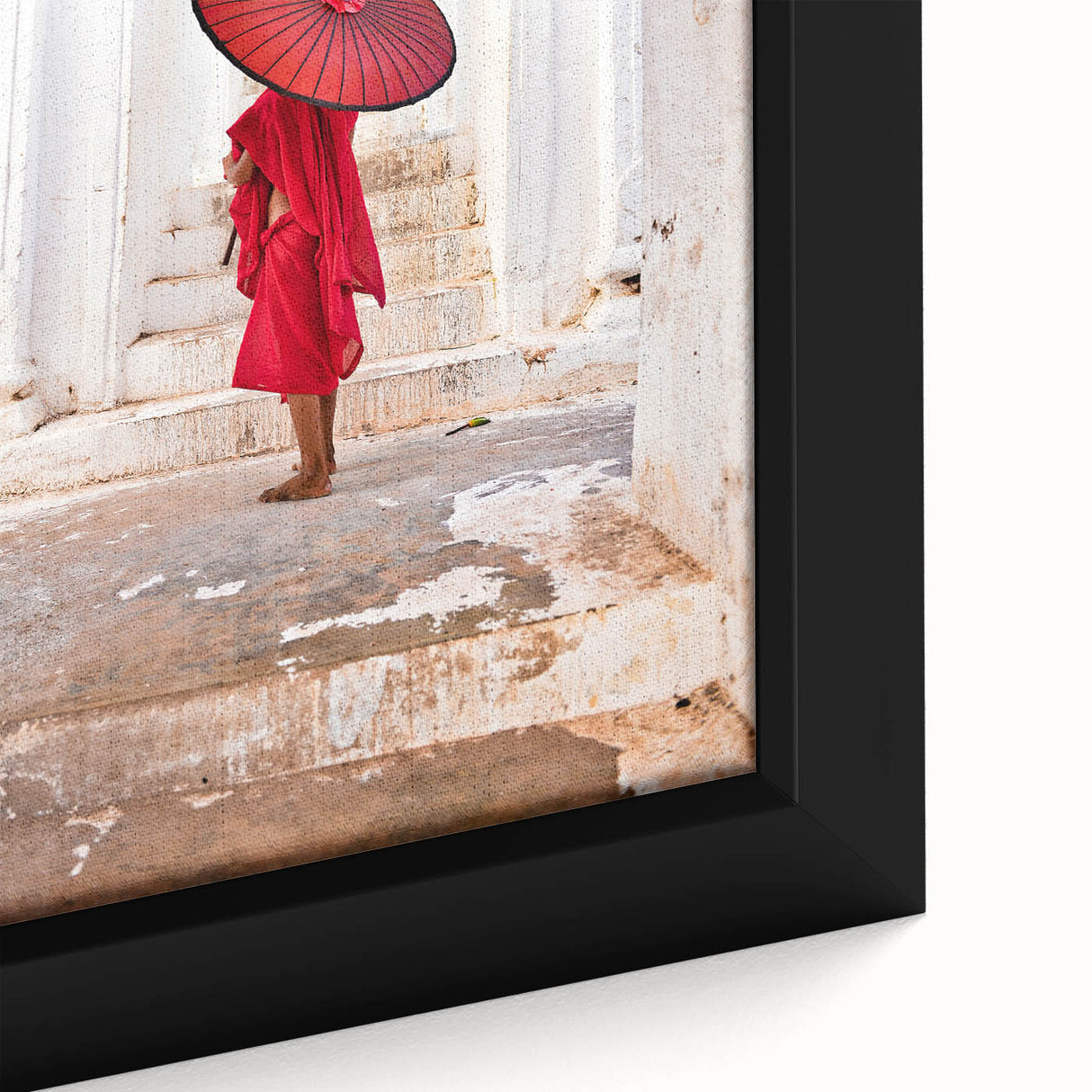 Extra large framed canvas of a vibrant, textured Myanmar scenery in black with colorful art accents.