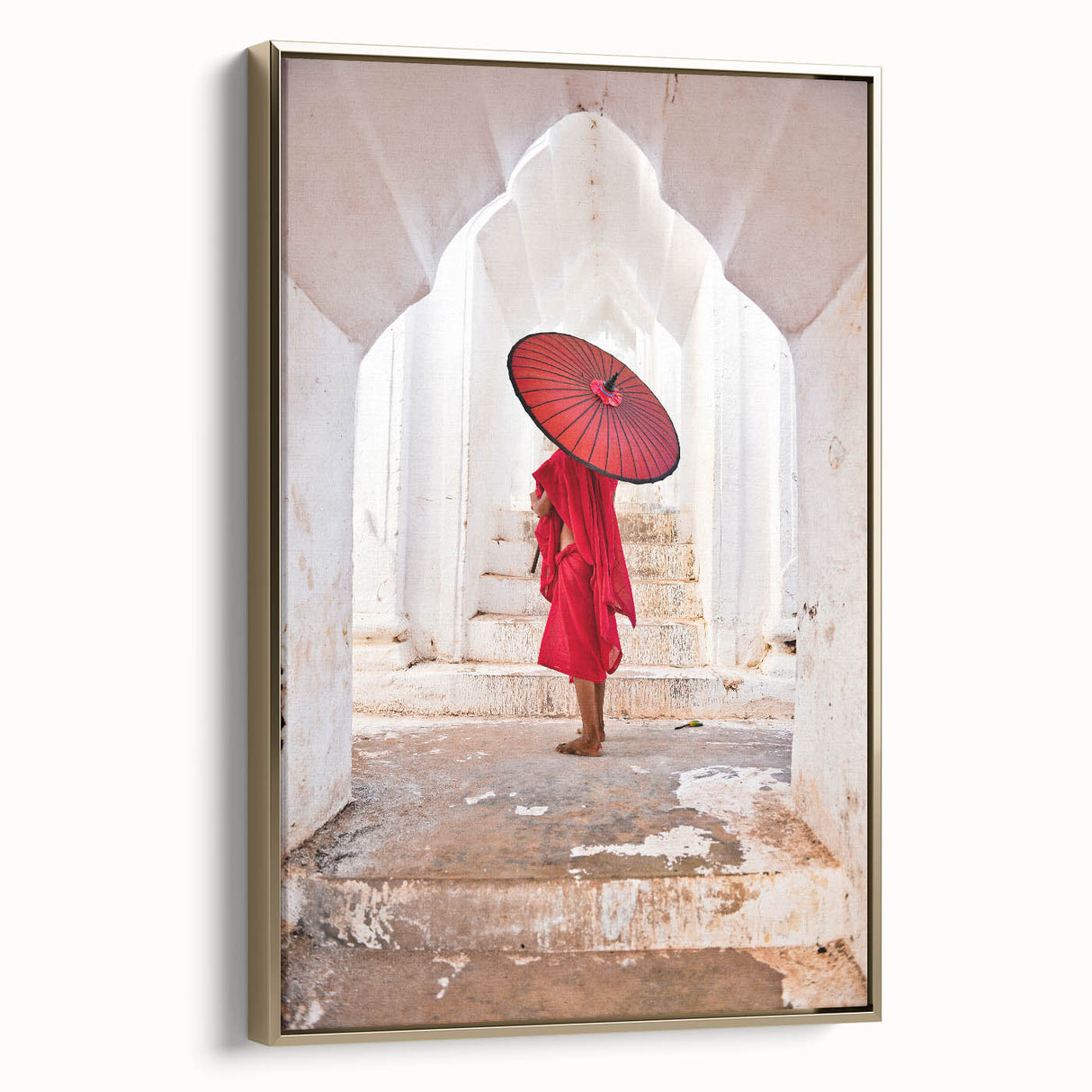 Framed canvas depicting a vintage-style landscape of Myanmar with muted gold and black tones, suitable for bedroom wall art.