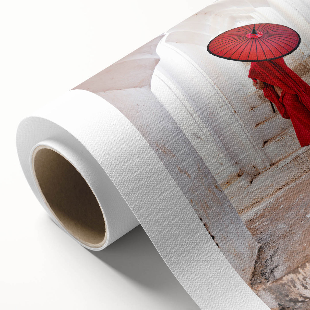 Art deco poster of Myanmar scenery on rolled canvas, featuring muted earth tones, ideal for nursery wall art.