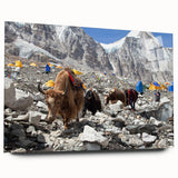 Large abstract wall art of a serene Nepalese landscape in soft blue and green hues, acrylic print.