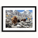 Extra large abstract art print featuring colorful, textured scenery of Nepal, on a framed black matte canvas.