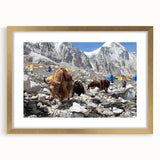 Extra large abstract art print of a textured Nepalese landscape, in muted earth tones, framed in gold.