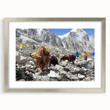 Textured abstract art print depicting a serene Nepalese landscape in muted earth tones, framed in silver.
