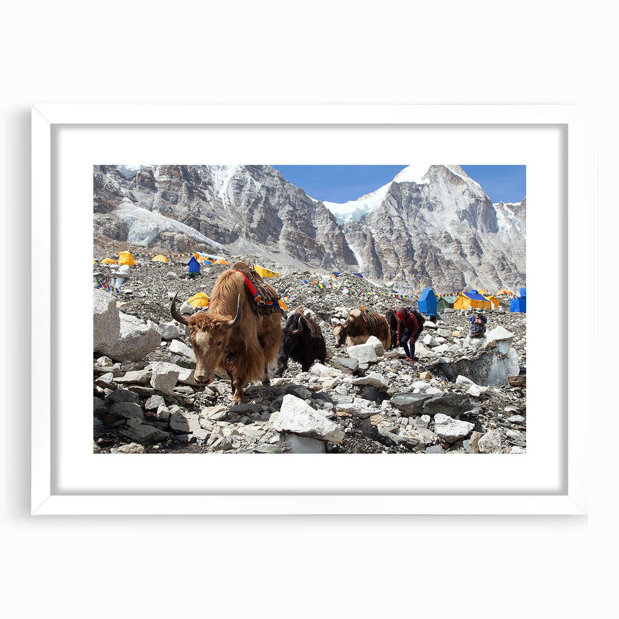Abstract art print depicting a Nepalese landscape in muted earth tones, framed with a white mat.