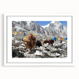 Abstract art print depicting a Nepalese landscape in muted earth tones, framed with a white mat.
