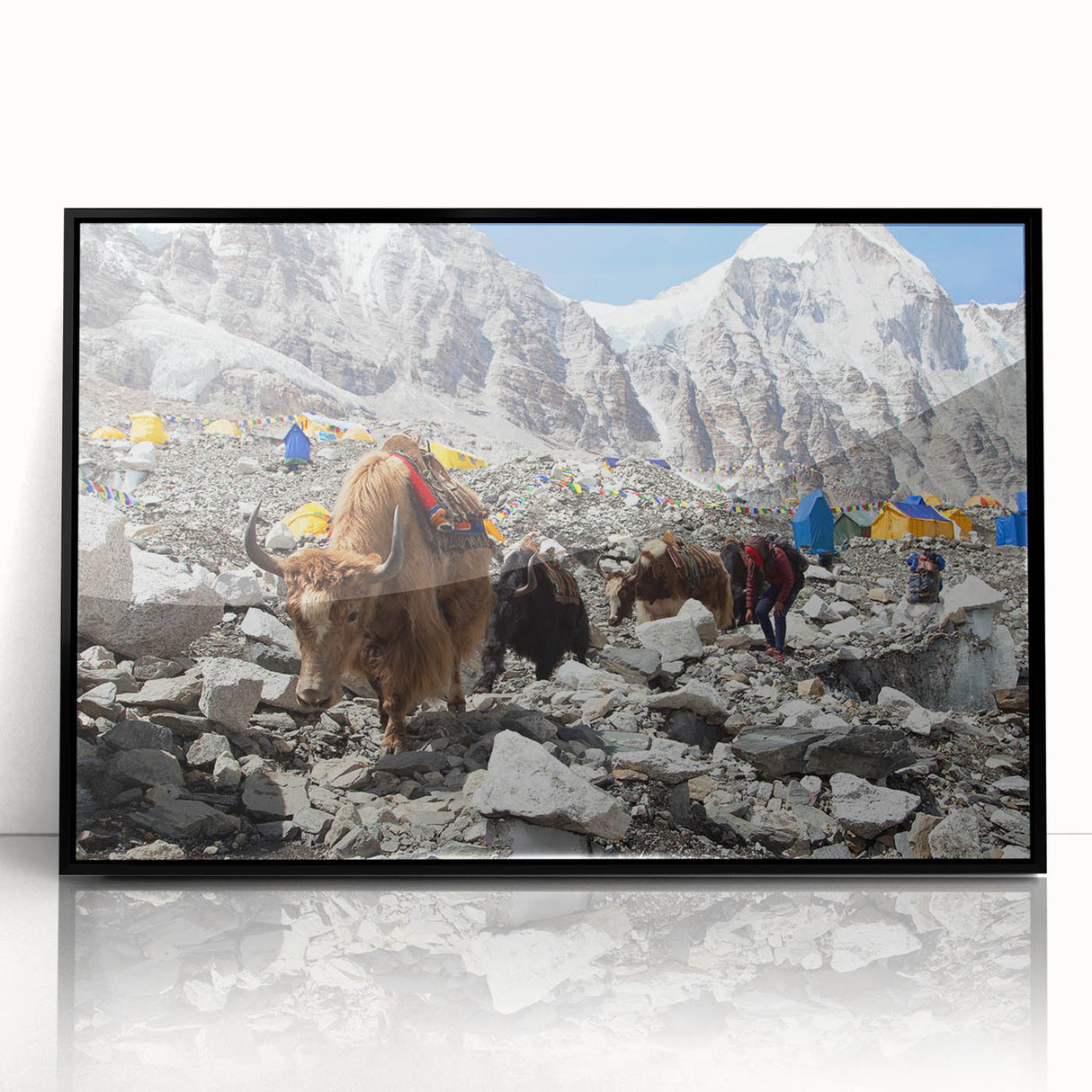 Large abstract wall art depicting a stylized scene of Nepal in muted earth tones, framed in black acrylic.