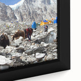 Extra large framed canvas depicting a textured, colorful Nepalese landscape, ideal for living room decor.