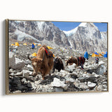 Framed canvas depicting a vintage-style landscape of Nepal in muted gold and black tones, ideal for bedroom wall art.