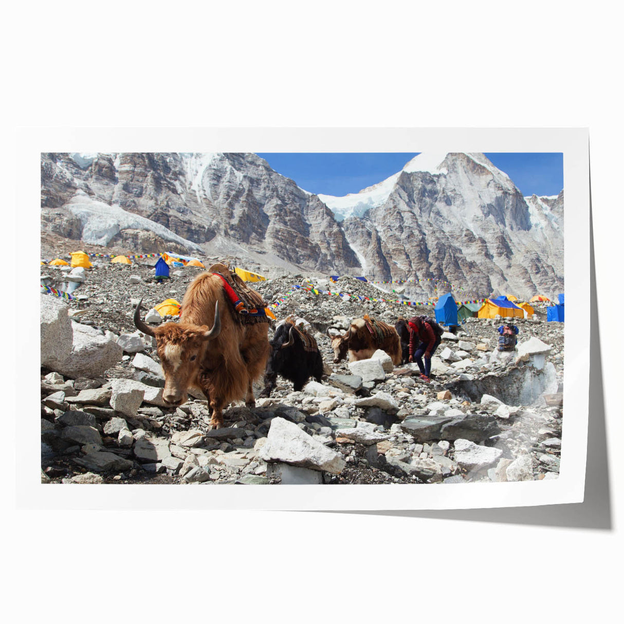 Rolled print of a Nepalese scenery with lush greenery and mountains, in muted earth tones, ideal for art wall dining room.