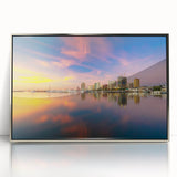 Mid-century modernist art depicting a serene Philippine landscape in muted earth tones, framed acrylic print.