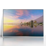 Art deco poster of a Philippine landscape in muted greens and blues, acrylic print framed in white.