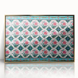 Framed acrylic print of a mid-century modernist Singapore skyline in muted gold and blue tones.