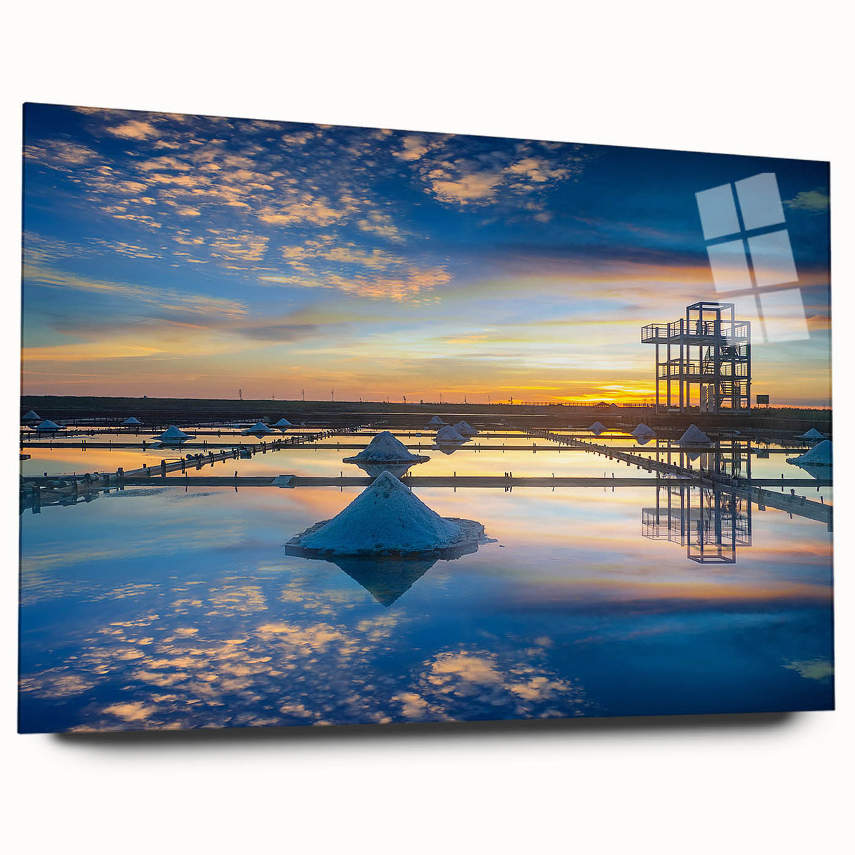 Large abstract wall art depicting a serene Taiwanese landscape in muted green and blue tones, printed on acrylic glass.
