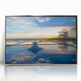 Mid-century modernist art depicting a serene Taiwan landscape in muted earth tones on a framed acrylic panel.