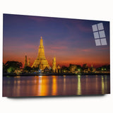 Large abstract wall art of Bangkok skyline in muted gray and blue tones on acrylic glass.