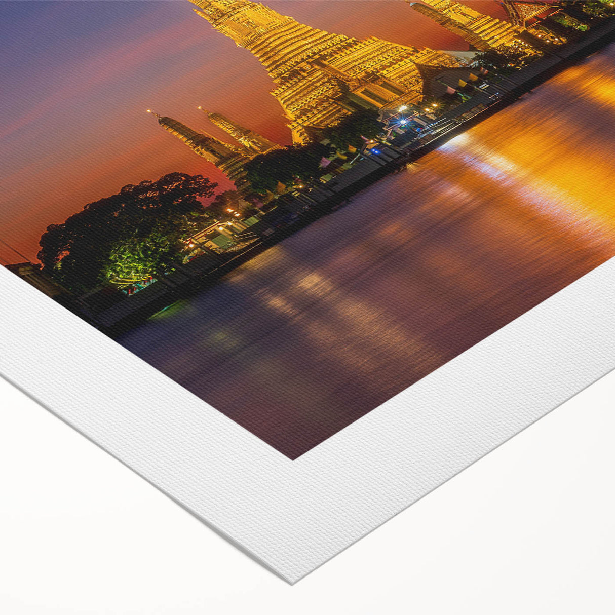 Art deco poster of Bangkok skyline in muted gold and navy hues on rolled canvas, suitable for dining room wall art.