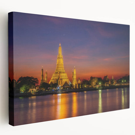 Side view of a large stretched canvas depicting the Bangkok skyline in muted gray and blue tones, ideal for kitchen wall art.