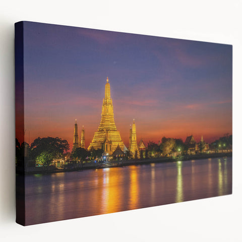 Side view of a large stretched canvas depicting the Bangkok skyline in muted gray and blue tones, ideal for kitchen wall art.