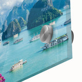 Large abstract wall art depicting a Vietnamese landscape in muted earth tones on acrylic glass, suitable for dining room art.