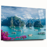 Acrylic print of a Vietnamese landscape in muted greens and blues, ideal for bedroom or dining room art.