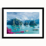 Extra large abstract art print featuring a vibrant, colorful Vietnamese landscape on textured canvas, framed in black.