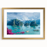 Extra large abstract art print depicting a textured Vietnamese landscape in muted earth tones, framed in gold.