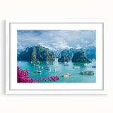 Abstract art print of a serene Vietnamese landscape in muted green and blue tones on a framed white canvas.