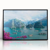 Framed acrylic print of a large abstract depiction of a Vietnamese landscape in muted earth tones.