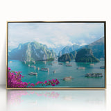Large art print of a serene Vietnamese landscape in muted green and gold tones, acrylic framed.