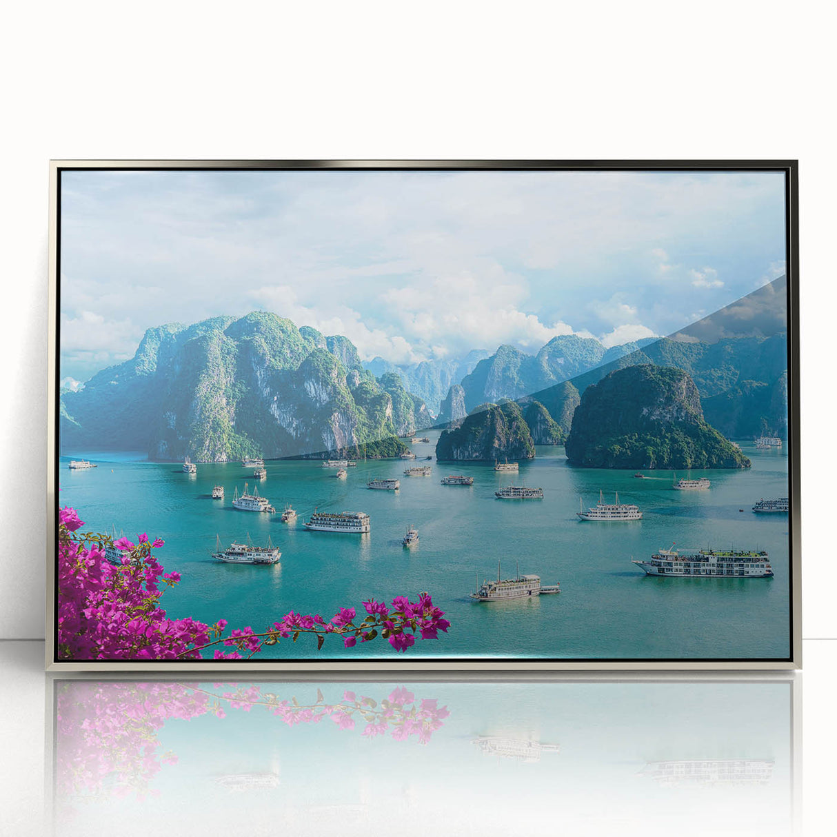 Mid-century modernist art depicting a serene Vietnamese landscape in soft green and blue tones, framed in silver acrylic.