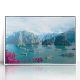 Acrylic framed art deco poster of a Vietnamese landscape in muted green and beige tones, suitable for nursery wall art.