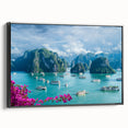 Black and white framed canvas of a Vietnamese landscape, ideal for bedroom wall decor.