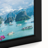 Extra large framed canvas featuring a textured, colorful Vietnamese landscape in black, ideal for living room decor.