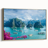 Framed canvas of a vintage-style Vietnamese landscape, with muted gold and black tones, ideal for bedroom wall art.