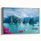 Landscape art painting featuring a Vietnamese rice paddy scene in colorful hues on a framed canvas.