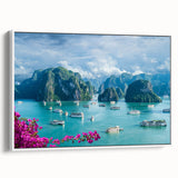Vintage poster art of a colorful Vietnamese landscape on extra large framed canvas, ideal for living room decor.