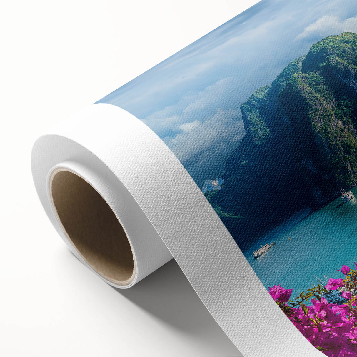 Art deco poster of a Vietnamese landscape in muted green and blue tones on rolled canvas, ideal for nursery wall art.