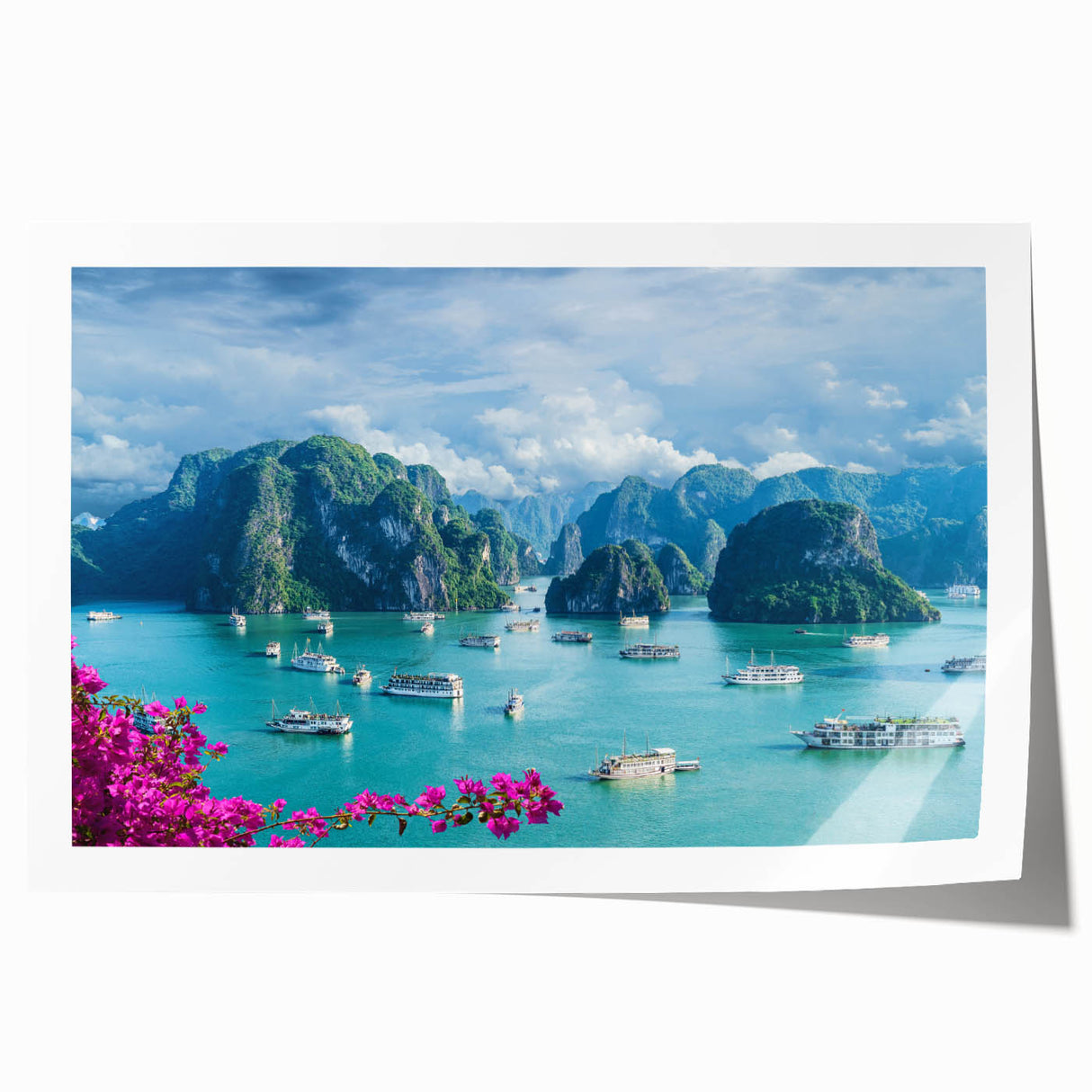 Extra large rolled print of a Vietnamese landscape with vibrant green and blue tones, ideal for dining room wall art.