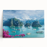 Black and white stretched canvas featuring a serene Vietnamese landscape, ideal for kitchen wall art.