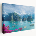 Large canvas print of a serene Vietnamese landscape in muted green and blue tones, ideal for kitchen wall decor.