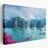 Large canvas print of a serene Vietnamese landscape in muted green and blue tones, ideal for kitchen wall decor.