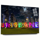 Large abstract wall art of Brisbane scenery in muted blue and green tones on acrylic glass.