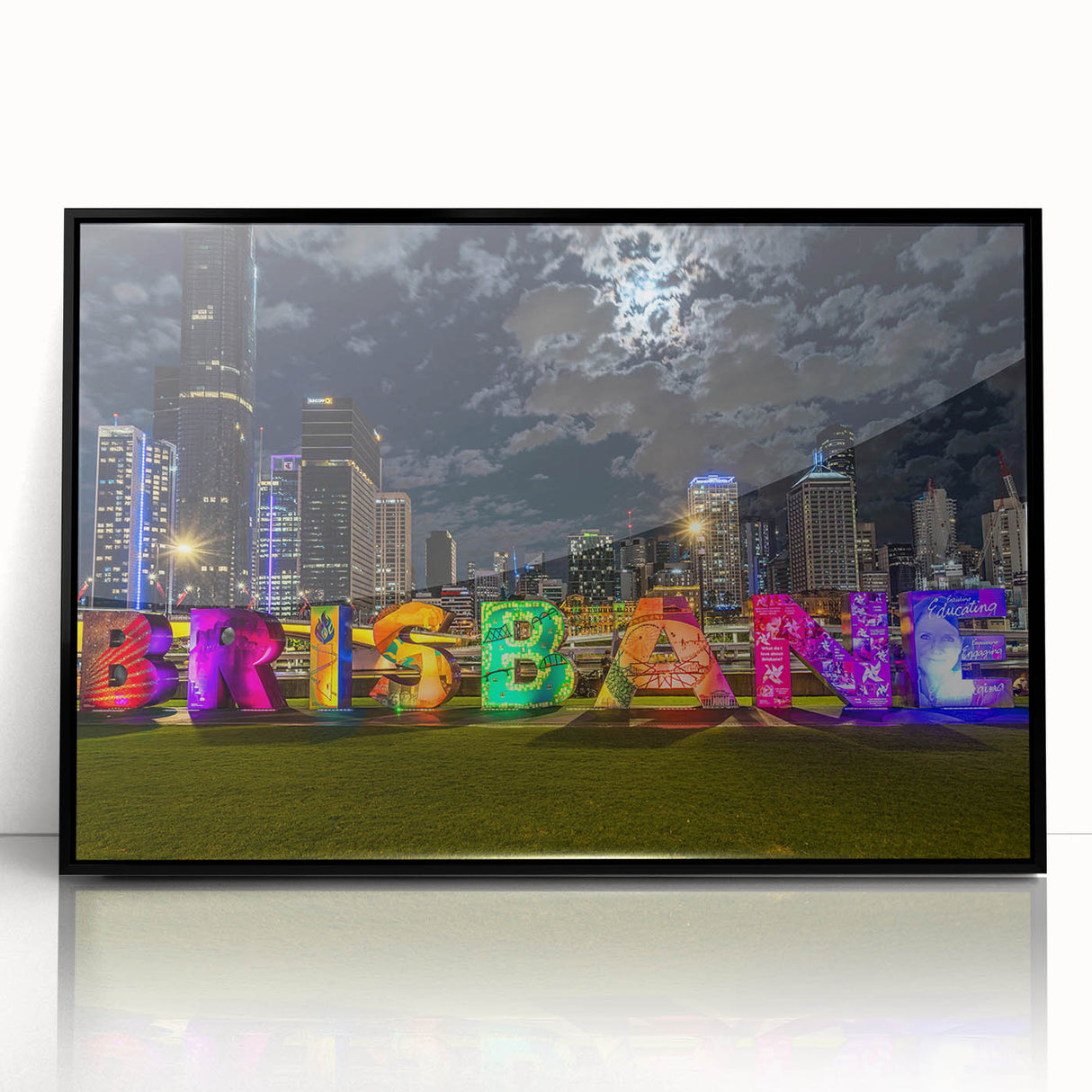 Large abstract wall art depicting Brisbane's skyline in muted gray tones on a framed acrylic.