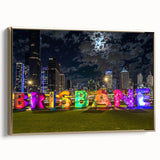 Framed canvas featuring a vintage-style landscape painting of Brisbane with colorful art accents and black borders.